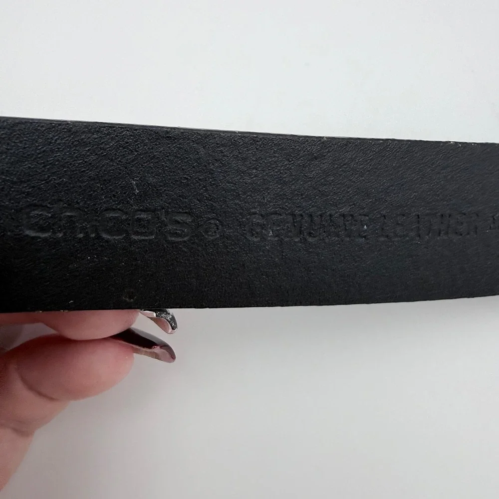 Chico's Black Leather Statement‎ Belt Hammered Silver Adjustable M/L